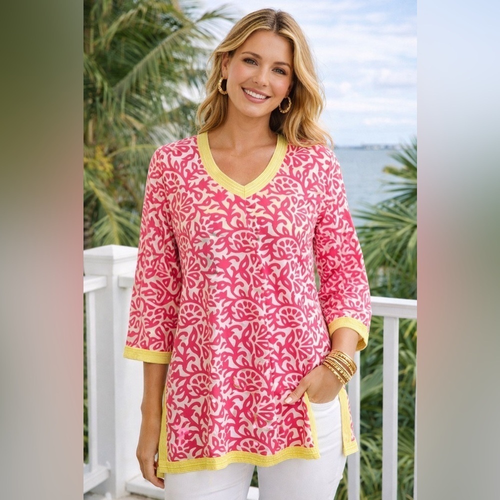 Gretchen Scott Womens Tunic Top XS Pink Green Preppy Cotton Vneck Coastal Kaftan